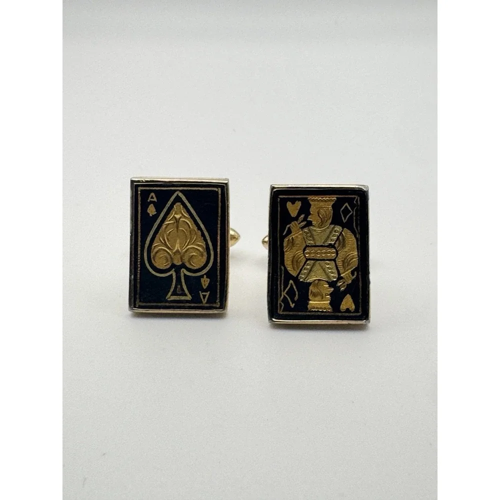Vintage Damascene Cufflinks King Ace Spades Playing Card Poker 1960s Swank